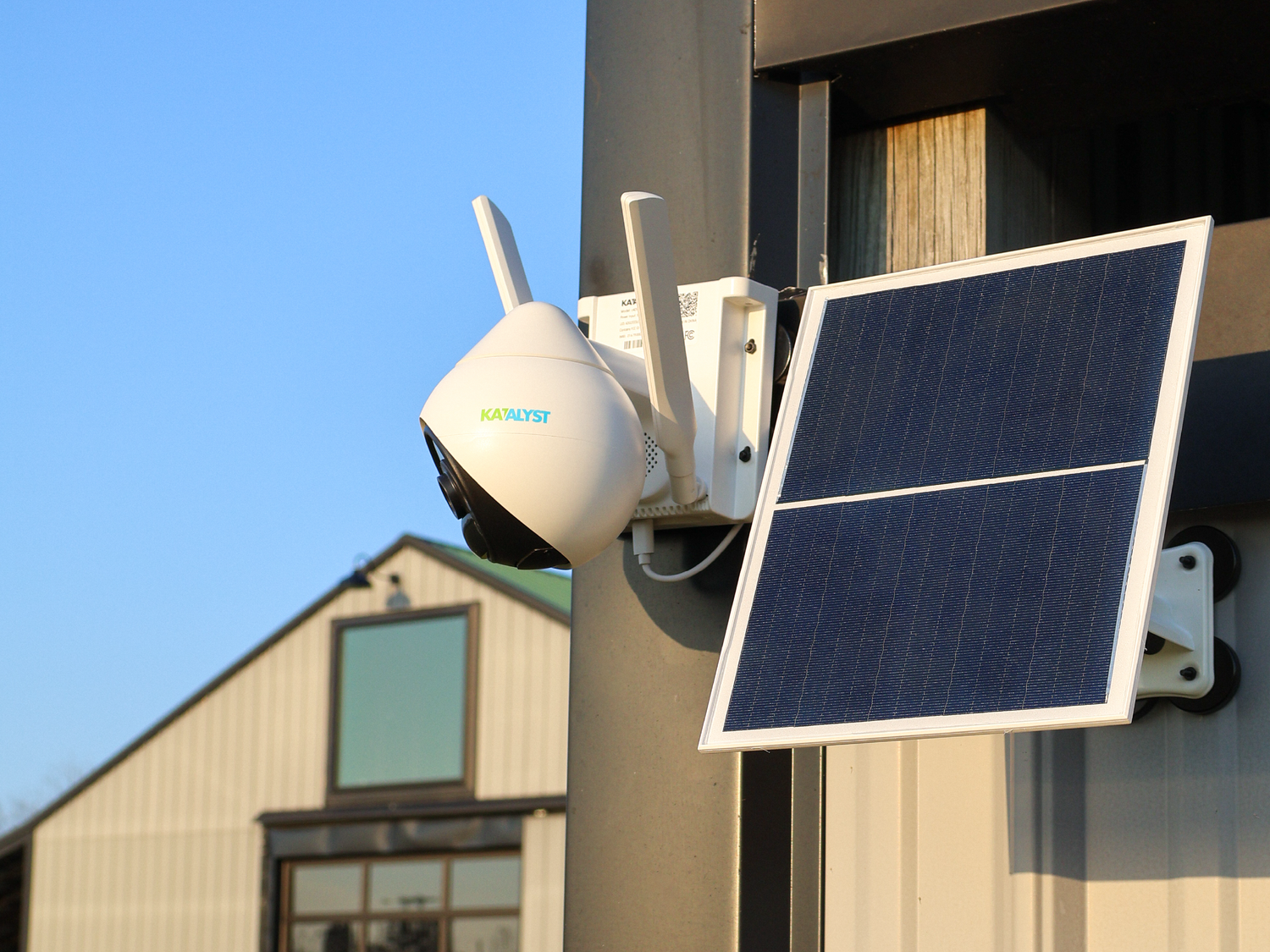 Katalyst Hawk solar-powered cellular camera mounted outside a building.